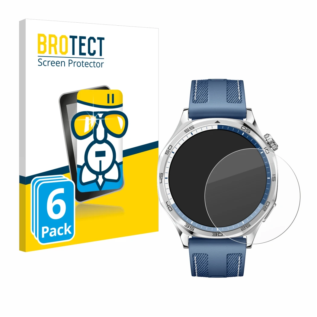 Vorderseite einer Produktverpackung mit dem Markenlogo BROTECT. Daneben ist das Gerät Huawei Watch GT 5 (46 mm) mit dem zugehö