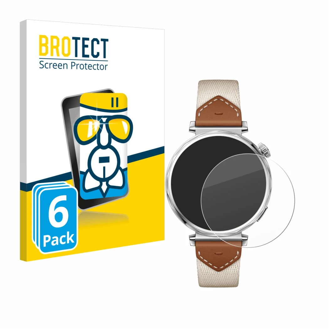 Vorderseite einer Produktverpackung mit dem Markenlogo BROTECT. Daneben ist das Gerät Huawei Watch GT 5 (41 mm) mit dem zugehö