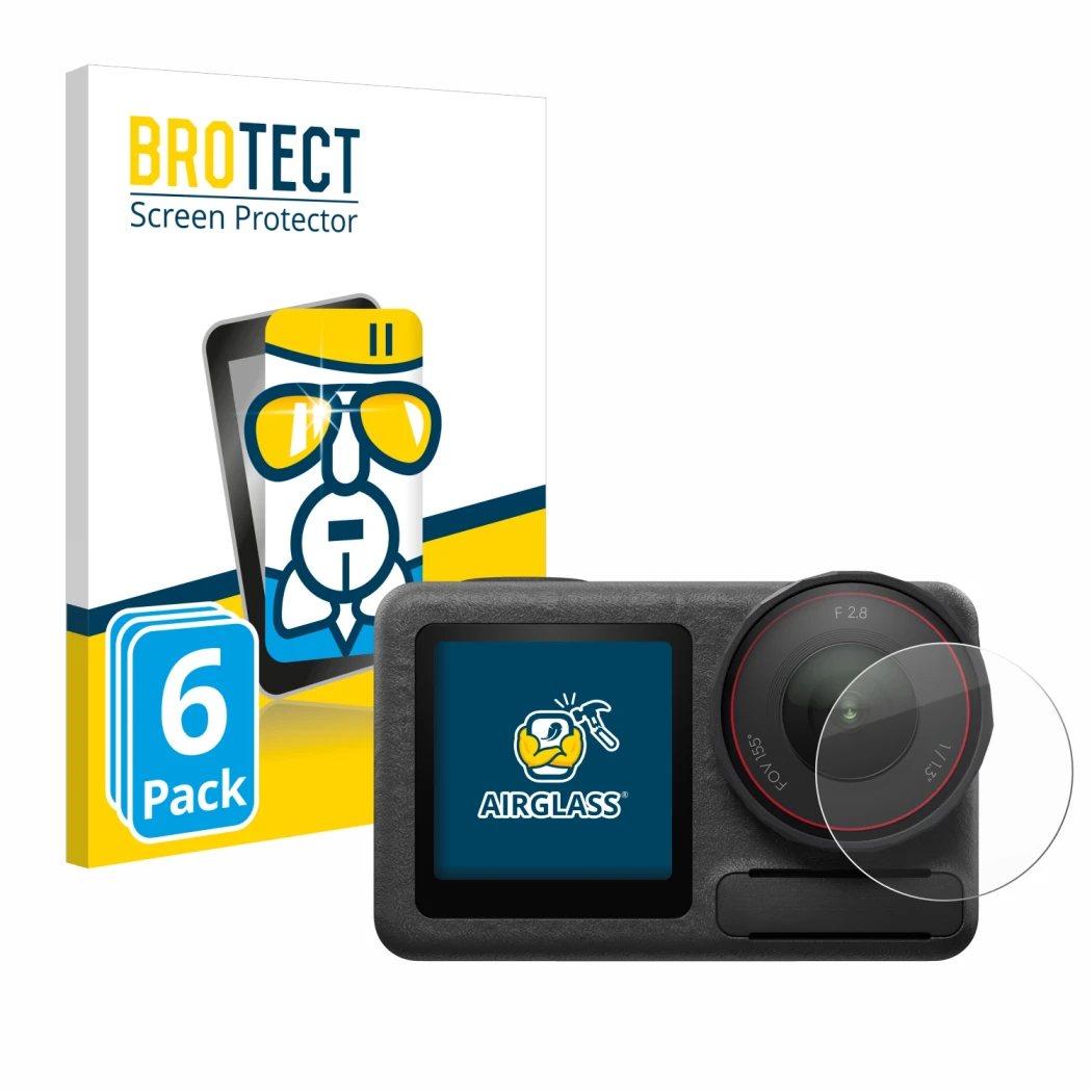 Vorderseite einer Produktverpackung mit dem Markenlogo BROTECT. Daneben ist das Gerät DJI Osmo Action 5 Pro (Linse) mit dem zu