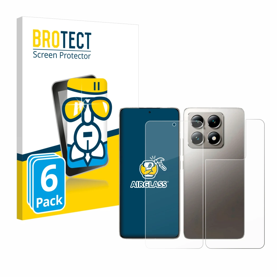 Vorderseite einer Produktverpackung mit dem Markenlogo BROTECT. Daneben ist das Gerät Xiaomi 14T (Display+Rückseite) mit dem z