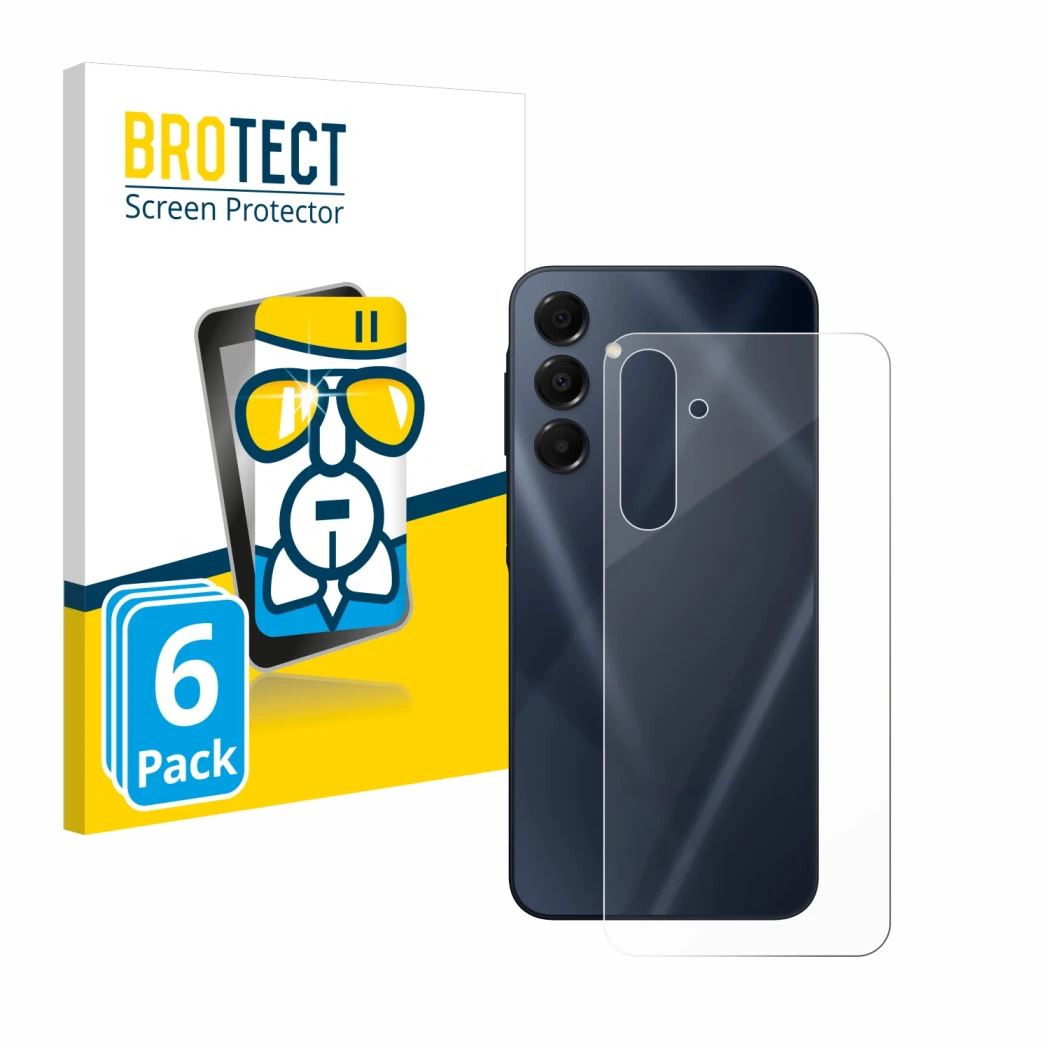 Vorderseite einer Produktverpackung mit dem Markenlogo BROTECT. Daneben ist das Gerät Samsung Galaxy A16 5G (Rückseite) mit de
