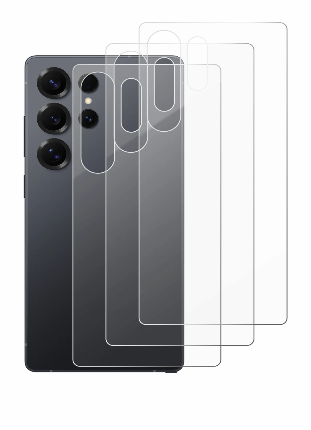 Abbildung des Geräts Samsung Galaxy S25 Ultra (Rückseite) mit einer Vielzahl des Displayschutzes.