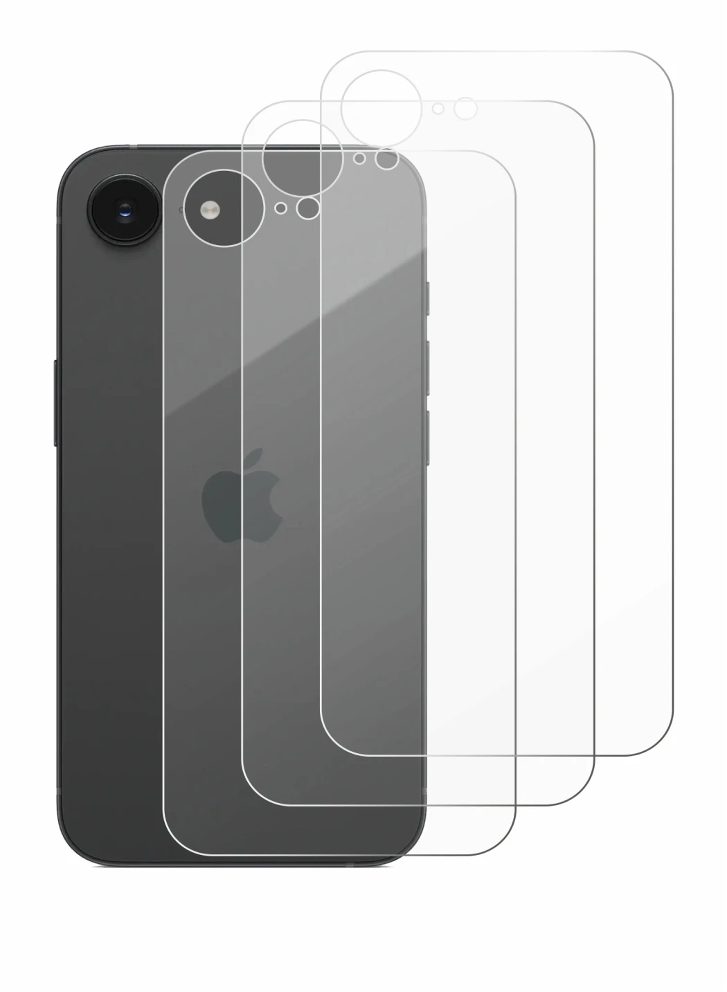 Abbildung des Geräts Apple iPhone 16e (Rückseite) mit einer Vielzahl des Displayschutzes.