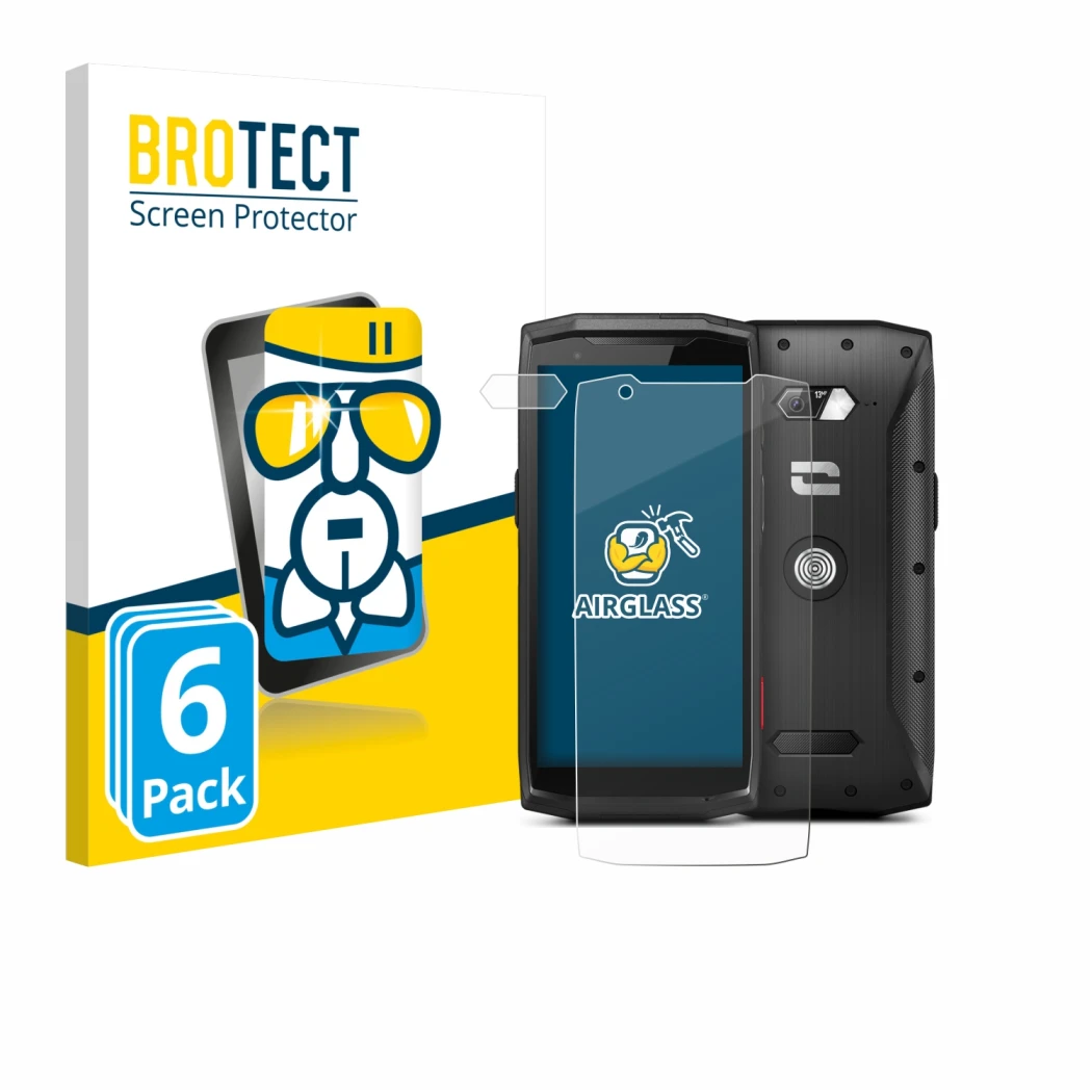 Vorderseite einer Produktverpackung mit dem Markenlogo BROTECT. Daneben ist das Gerät Crosscall Core-M5 (Display+Kamera) mit d