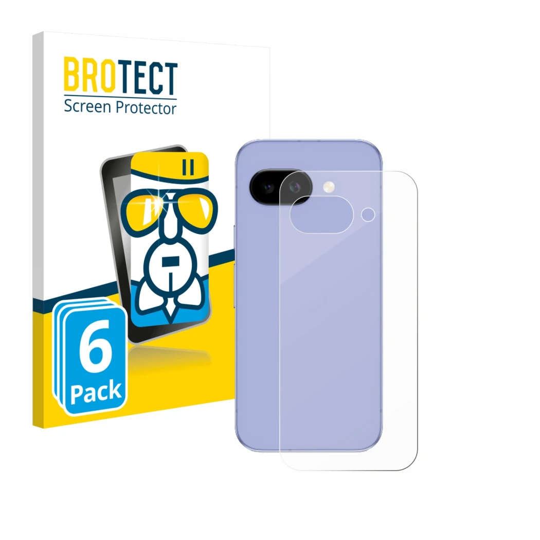 Vorderseite einer Produktverpackung mit dem Markenlogo BROTECT. Daneben ist das Gerät Google Pixel 9a (Rückseite) mit dem zuge