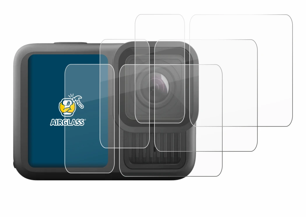 Abbildung des Geräts GoPro Hero 13 Black Ultra Wide Edition mit einer Vielzahl des Displayschutzes.