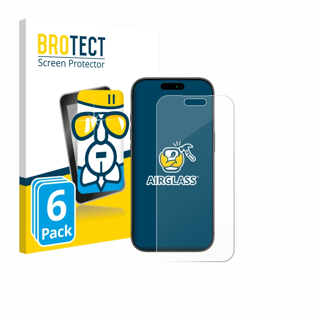 Vorderseite einer Produktverpackung mit dem Markenlogo BROTECT. Daneben ist das Gerät Apple iPhone 17 Pro Max mit dem zugehöri