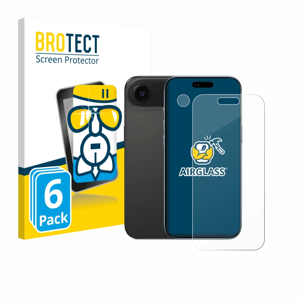 Vorderseite einer Produktverpackung mit dem Markenlogo BROTECT. Daneben ist das Gerät Apple iPhone Air (Display+Kamera) mit de