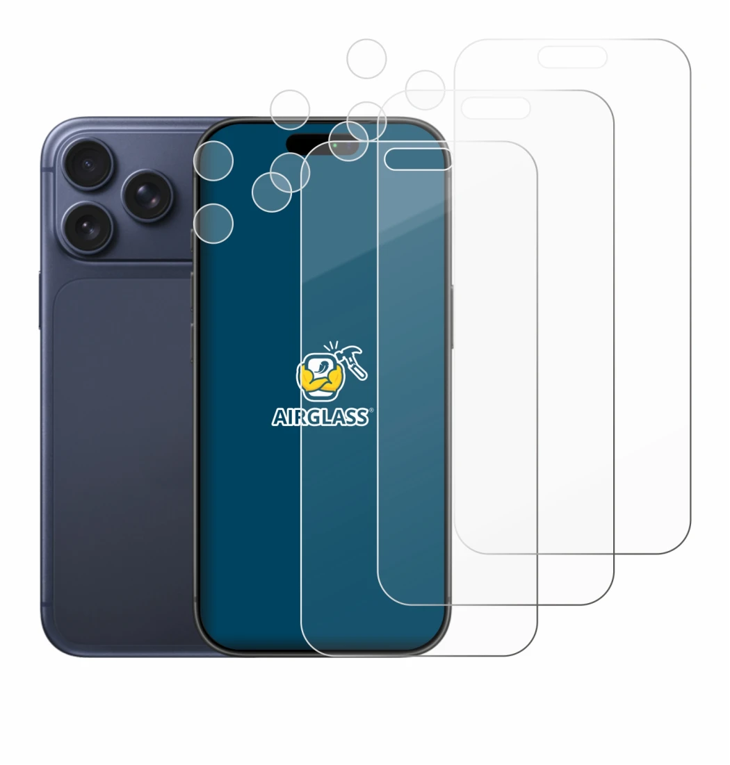 Abbildung des Geräts Apple iPhone 17 Pro Max (Display+Kamera) mit einer Vielzahl des Displayschutzes.