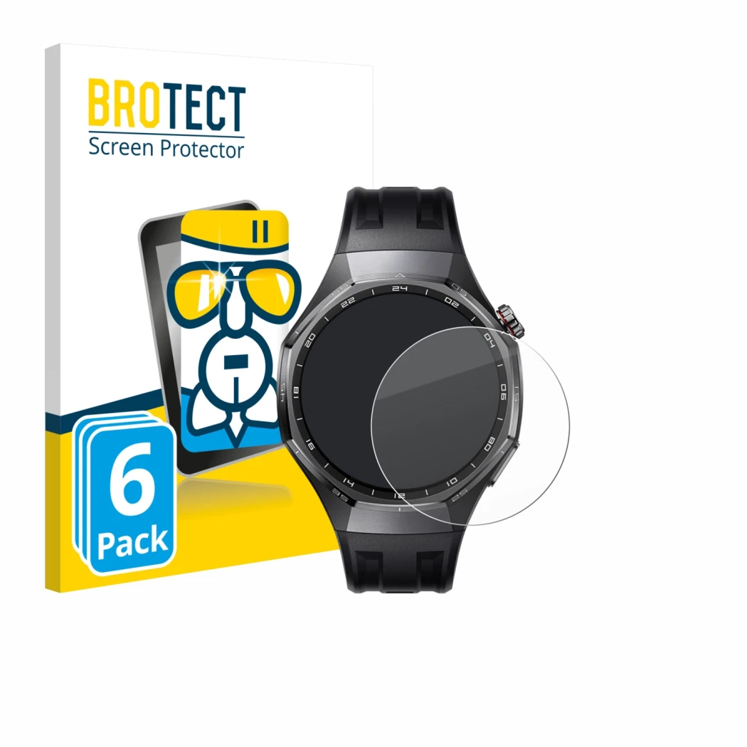 Vorderseite einer Produktverpackung mit dem Markenlogo BROTECT. Daneben ist das Gerät Huawei Watch GT 6 Pro (46 mm) mit dem zu