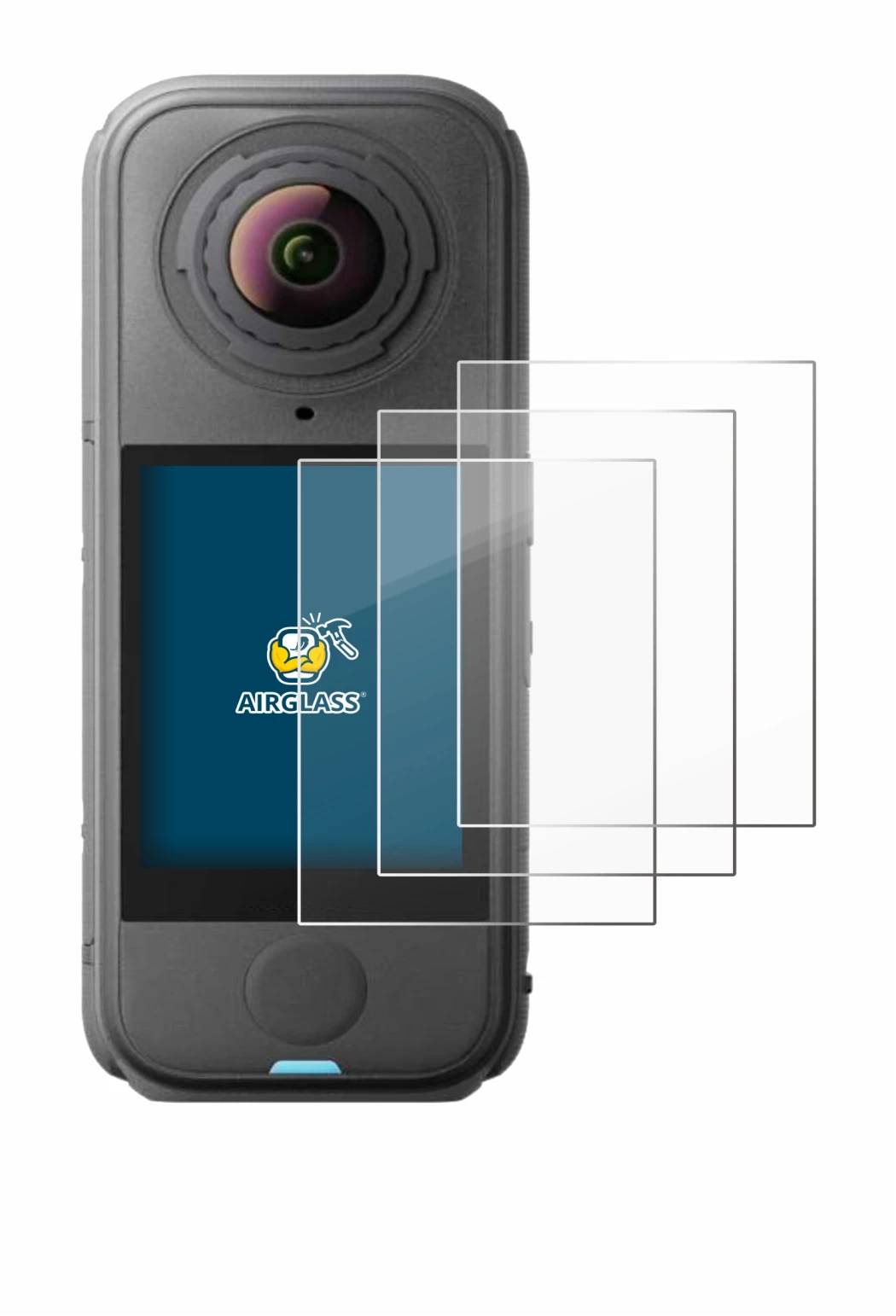 Abbildung des Geräts Insta360 X4 Air mit einer Vielzahl des Displayschutzes.