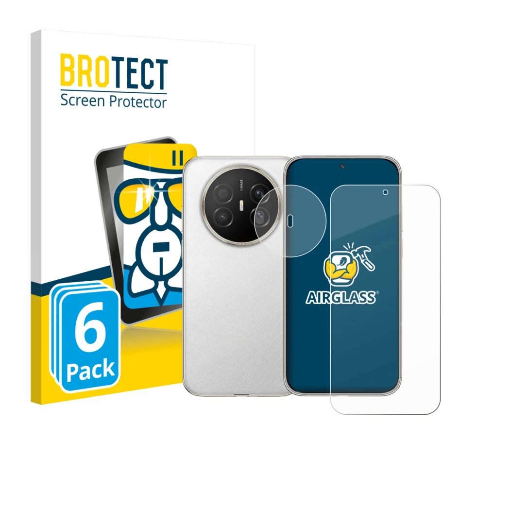 Vorderseite einer Produktverpackung mit dem Markenlogo BROTECT. Daneben ist das Gerät Huawei Mate 70 Air (Display+Kamera) mit 