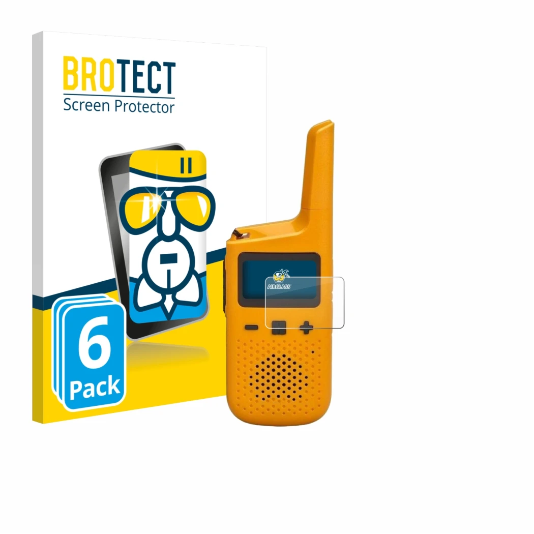 Vorderseite einer Produktverpackung mit dem Markenlogo BROTECT. Daneben ist das Gerät Motorola Talkabout T72 mit dem zugehörig