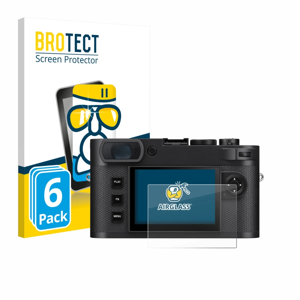 Vorderseite einer Produktverpackung mit dem Markenlogo BROTECT. Daneben ist das Gerät Leica M EV1 mit dem zugehörigen Displays