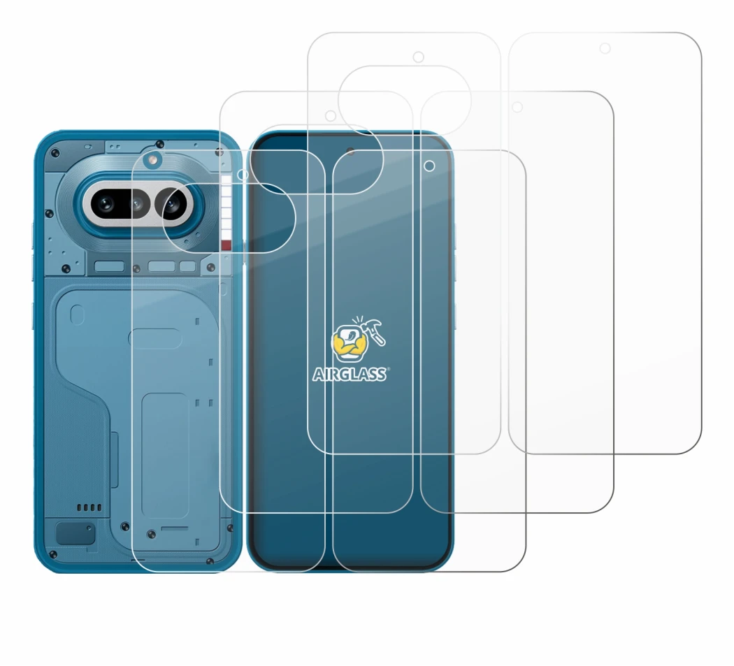 Abbildung des Geräts Nothing Phone (4a) (Display+Rückseite) mit einer Vielzahl des Displayschutzes.
