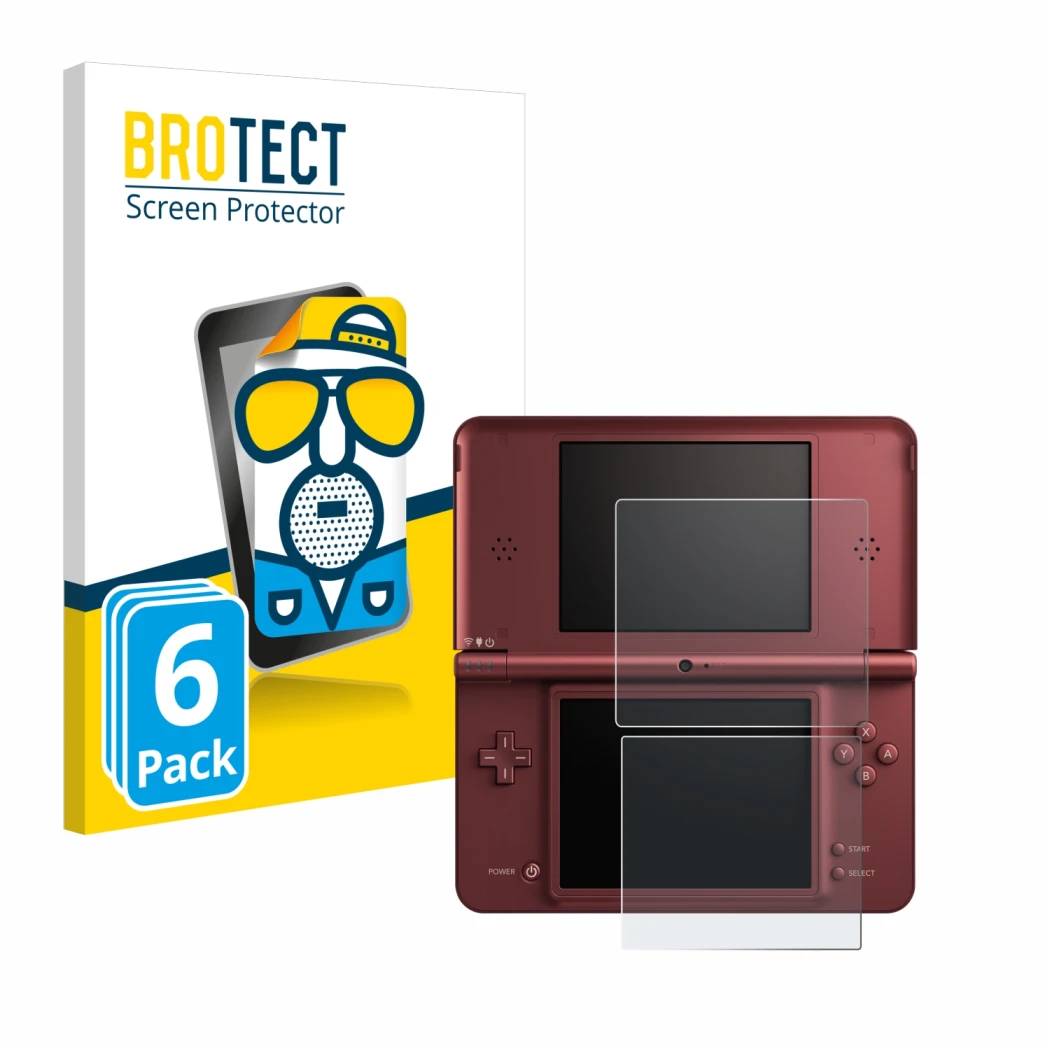 Vorderseite einer Produktverpackung mit dem Markenlogo BROTECT. Daneben ist das Gerät Nintendo DSi XL mit dem zugehörigen Disp