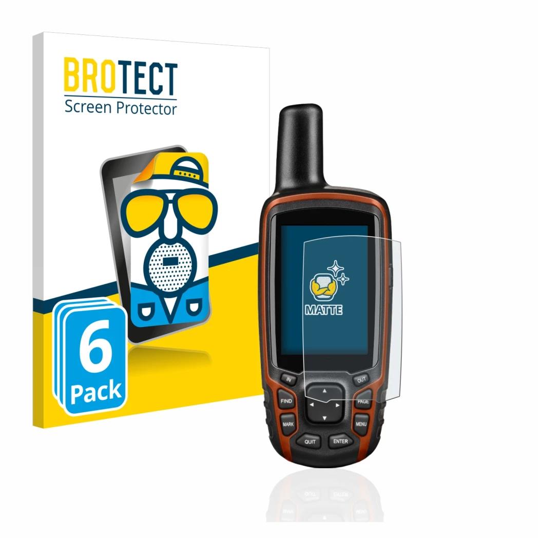 Vorderseite einer Produktverpackung mit dem Markenlogo BROTECT. Daneben ist das Gerät Garmin GPSMAP 64s mit dem zugehörigen Di