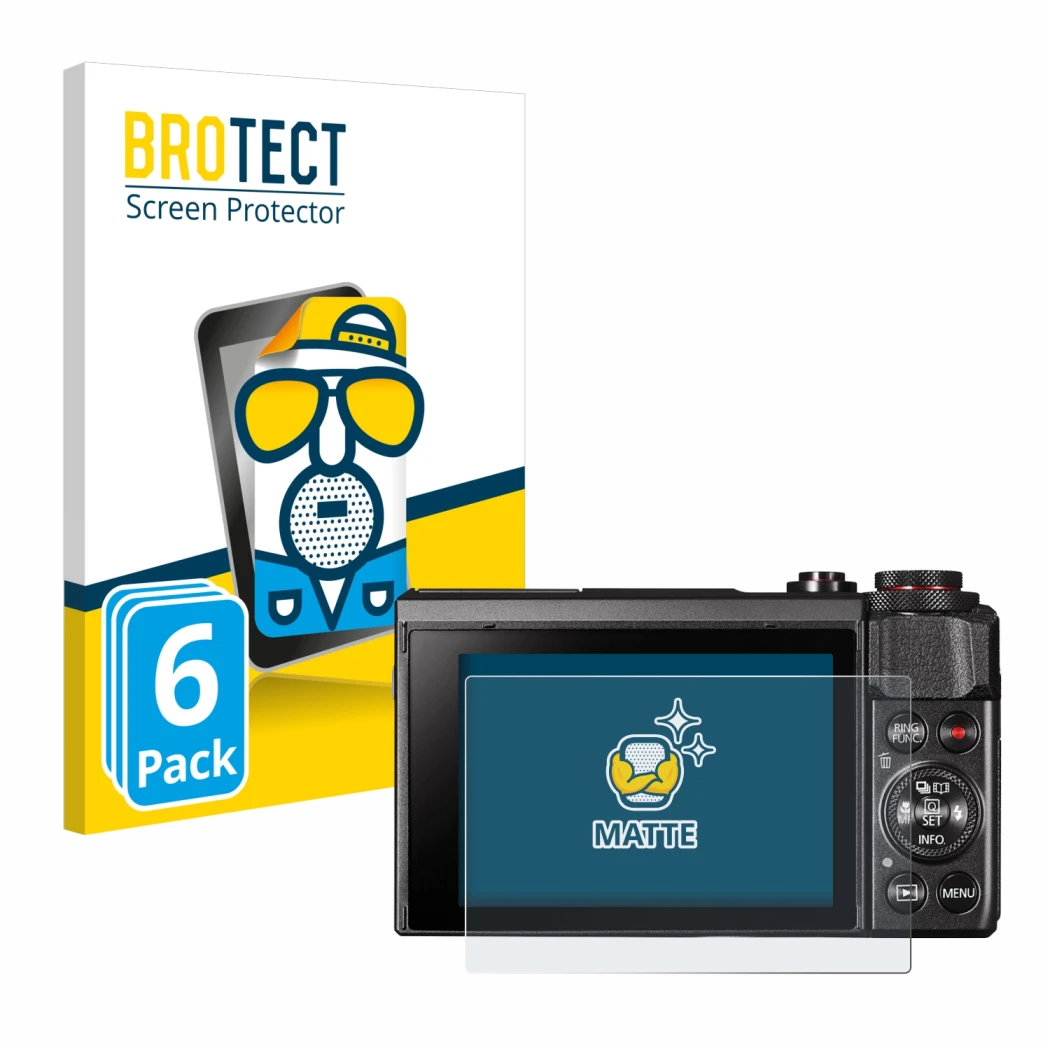 Vorderseite einer Produktverpackung mit dem Markenlogo BROTECT. Daneben ist das Gerät Canon PowerShot G7 X Mark II mit dem zug