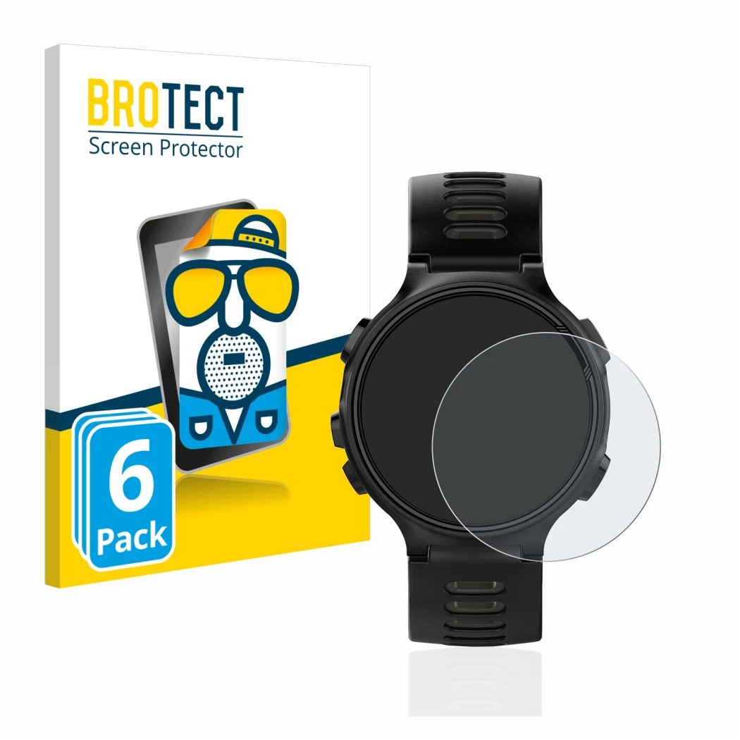 Vorderseite einer Produktverpackung mit dem Markenlogo BROTECT. Daneben ist das Gerät Garmin Forerunner 735XT mit dem zugehöri