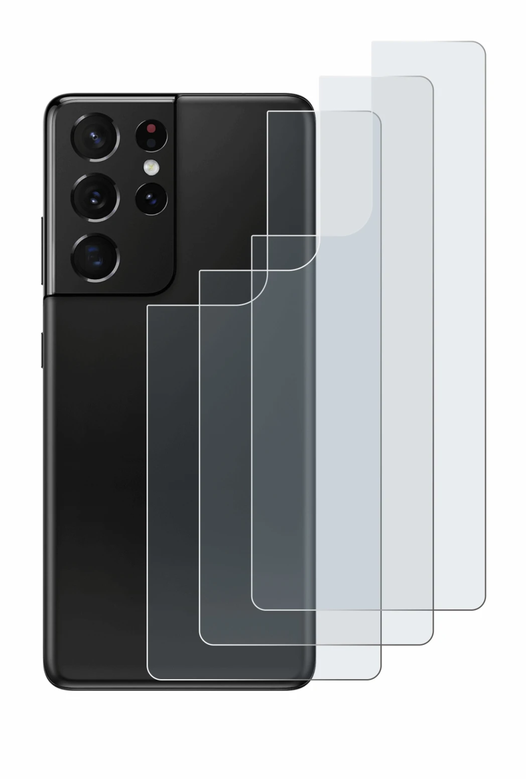 Abbildung des Geräts Samsung Galaxy S21 Ultra 5G (Rückseite) mit einer Vielzahl des Displayschutzes.