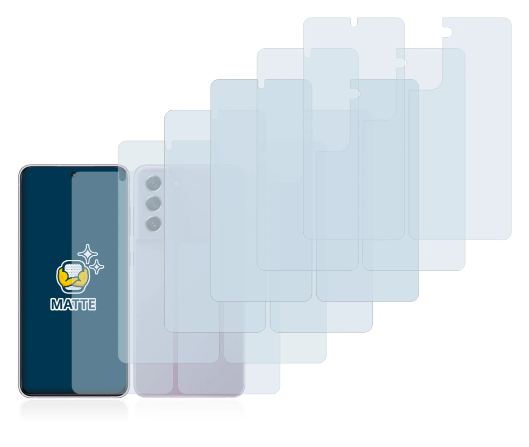 Abbildung des Geräts Samsung Galaxy S21 FE 5G (Display+Rückseite) mit einer Vielzahl des Displayschutzes.