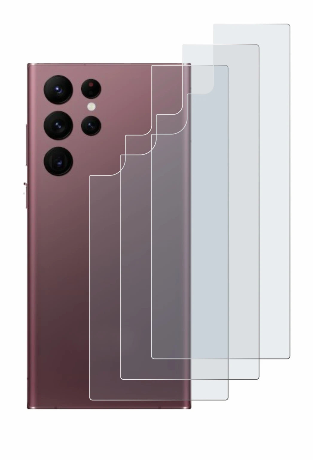 Abbildung des Geräts Samsung Galaxy S22 Ultra 5G (Rückseite) mit einer Vielzahl des Displayschutzes.