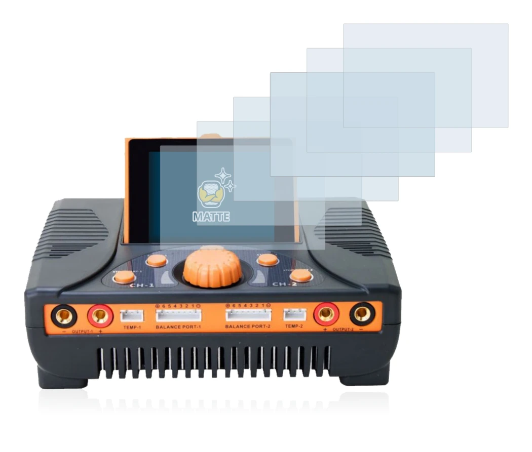 Abbildung des Geräts Junsi iCharger 406 Duo mit einer Vielzahl des Displayschutzes.