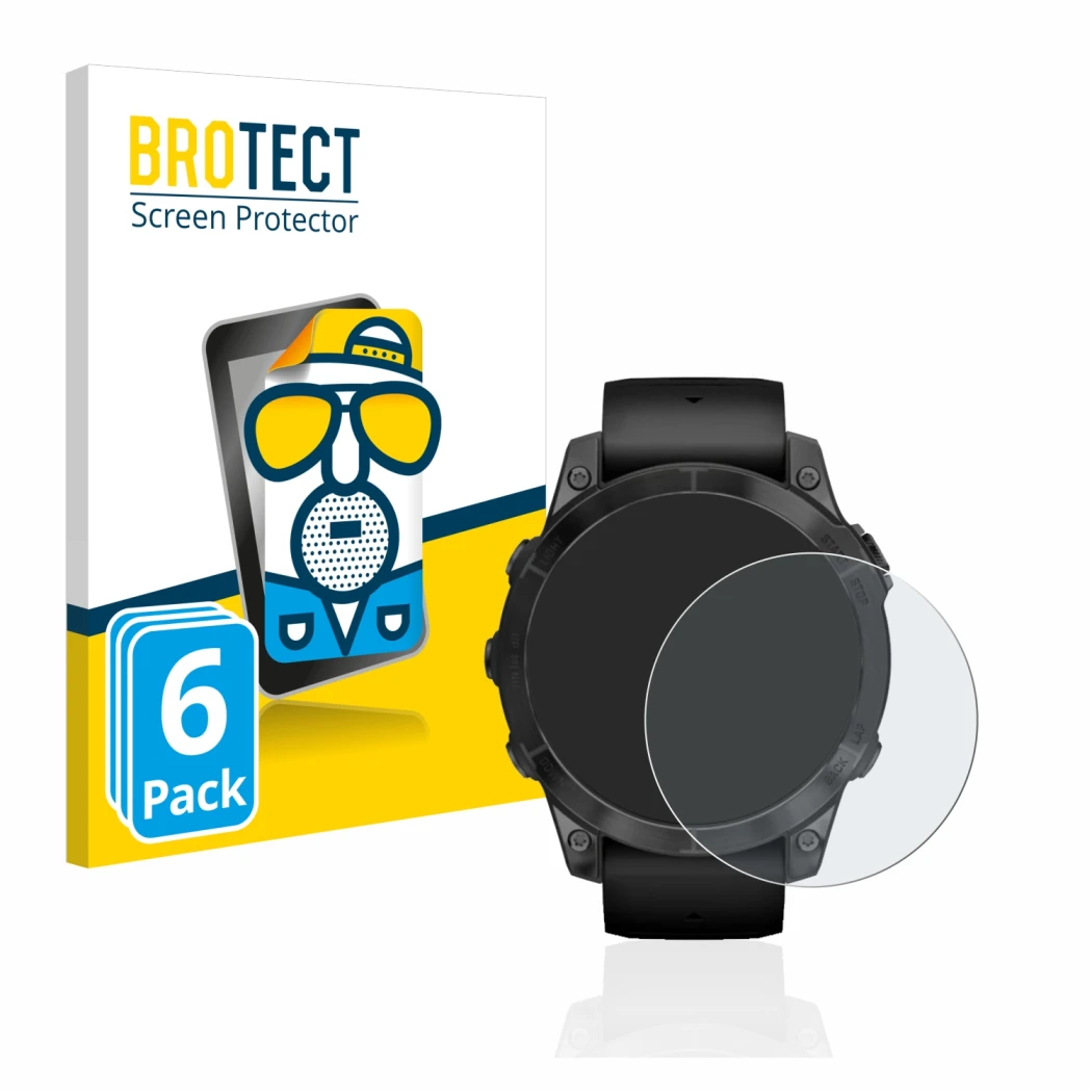Vorderseite einer Produktverpackung mit dem Markenlogo BROTECT. Daneben ist das Gerät Garmin Epix Pro (Gen 2) (47 mm) mit dem