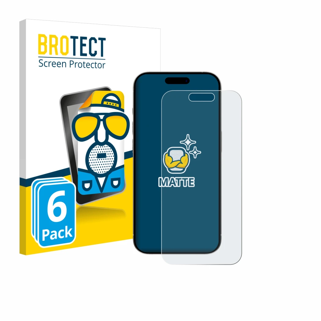 Vorderseite einer Produktverpackung mit dem Markenlogo BROTECT. Daneben ist das Gerät Apple iPhone 15 mit dem zugehörigen Disp