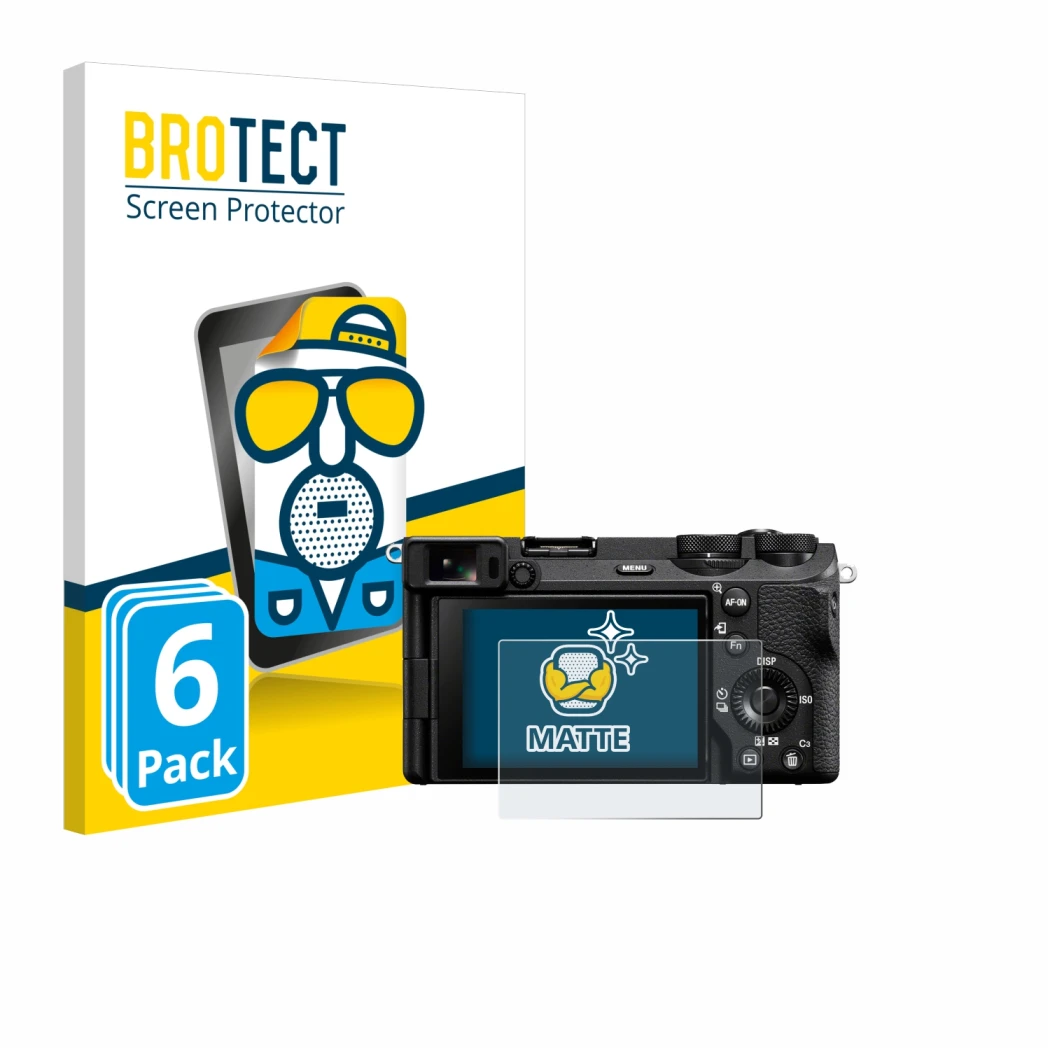Vorderseite einer Produktverpackung mit dem Markenlogo BROTECT. Daneben ist das Gerät Sony Alpha 6700 mit dem zugehörigen Disp