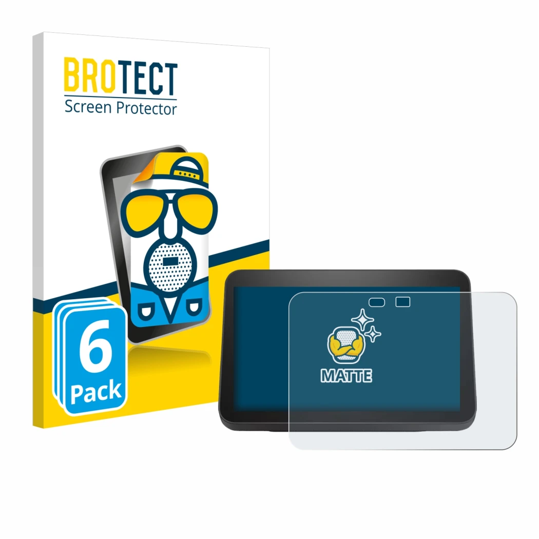 Vorderseite einer Produktverpackung mit dem Markenlogo BROTECT. Daneben ist das Gerät Amazon Echo Show 8 2023 (3. Gen.) mit de