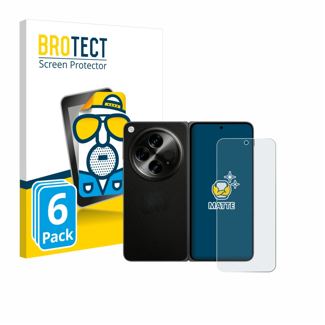 Vorderseite einer Produktverpackung mit dem Markenlogo BROTECT. Daneben ist das Gerät OnePlus Open (case-friendly) mit dem zug