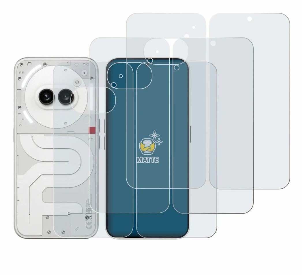 Abbildung des Geräts Nothing Phone (2a) (Display+Rückseite) mit einer Vielzahl des Displayschutzes.