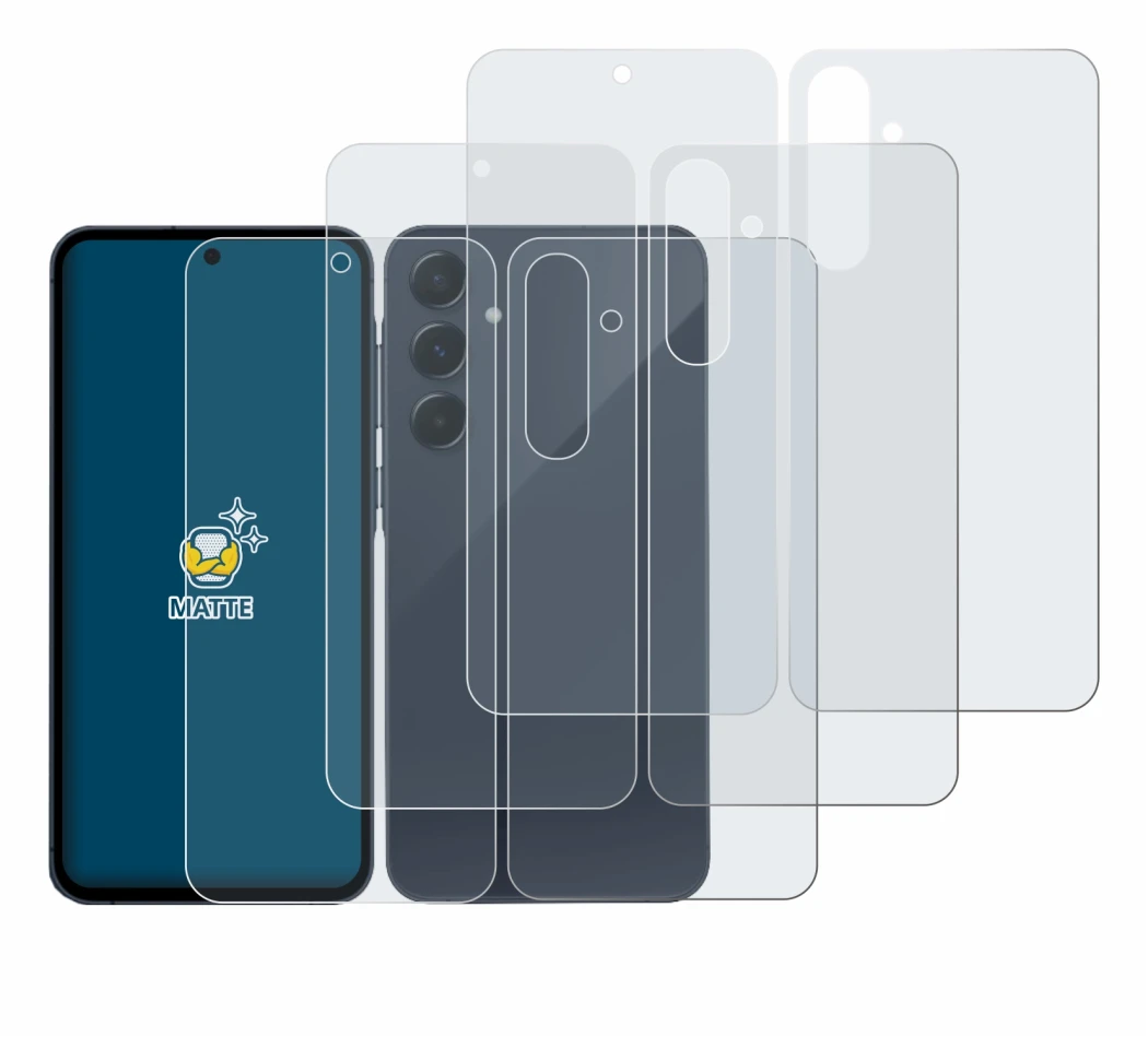 Abbildung des Geräts Samsung Galaxy A55 5G (Display+Rückseite) mit einer Vielzahl des Displayschutzes.