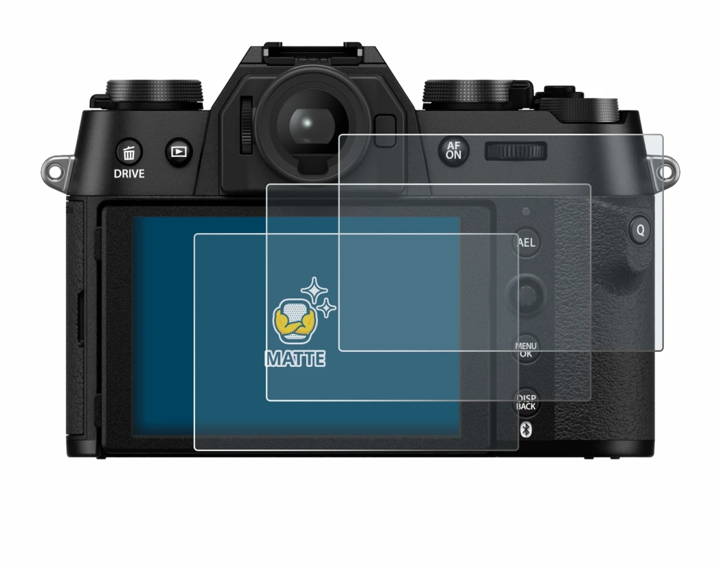 Abbildung des Geräts Fujifilm X-T50 mit einer Vielzahl des Displayschutzes.