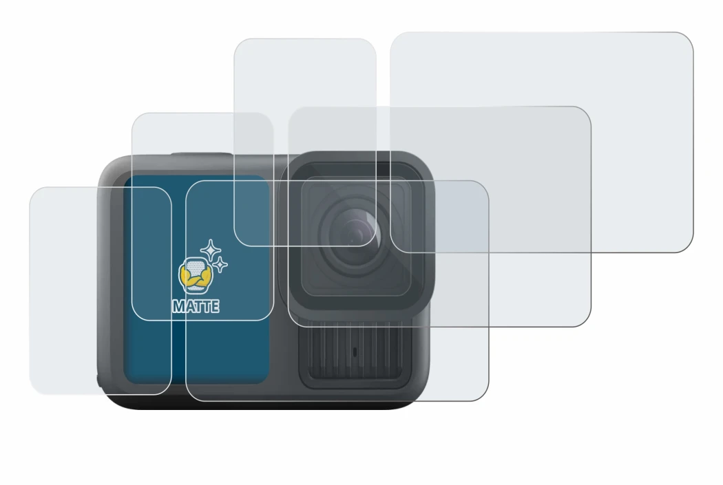 Abbildung des Geräts GoPro Hero 13 Black mit einer Vielzahl des Displayschutzes.