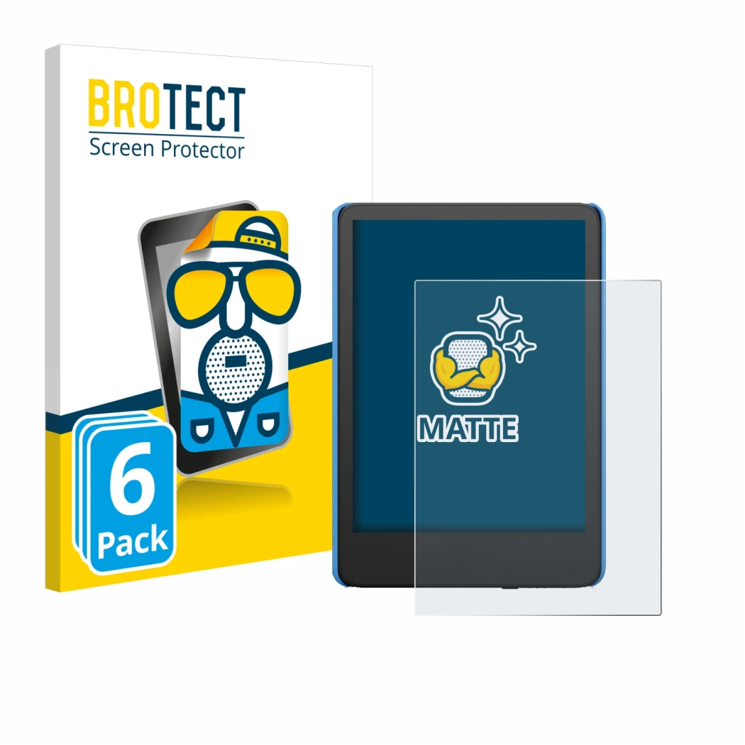 Vorderseite einer Produktverpackung mit dem Markenlogo BROTECT. Daneben ist das Gerät Amazon Kindle Kids (2024) mit dem zugehö