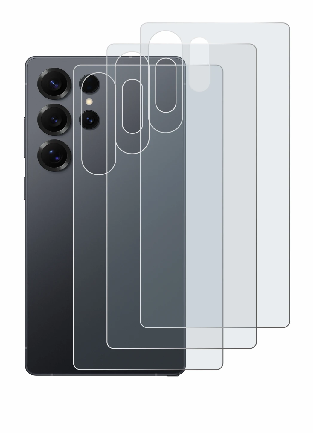 Abbildung des Geräts Samsung Galaxy S25 Ultra (Rückseite) mit einer Vielzahl des Displayschutzes.