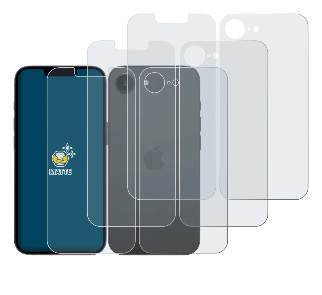 Abbildung des Geräts Apple iPhone 16e (Display+Rückseite) mit einer Vielzahl des Displayschutzes.