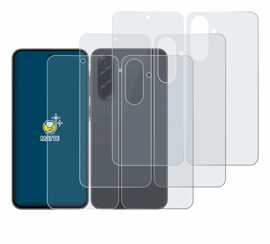 Abbildung des Geräts Samsung Galaxy A36 5G (Display+Rückseite) mit einer Vielzahl des Displayschutzes.