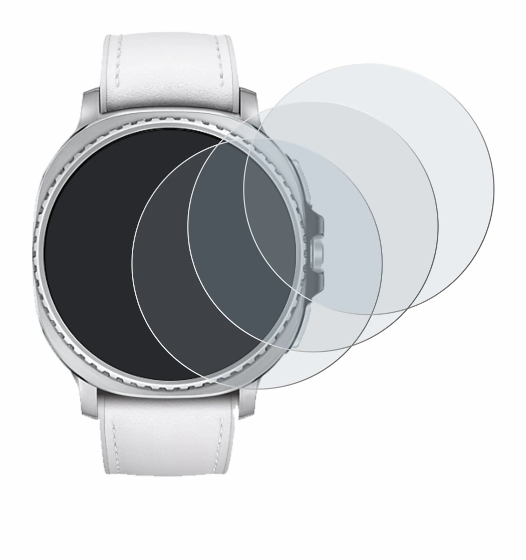 Abbildung des Geräts Samsung Galaxy Watch 8 Classic (46 mm) mit einer Vielzahl des Displayschutzes.