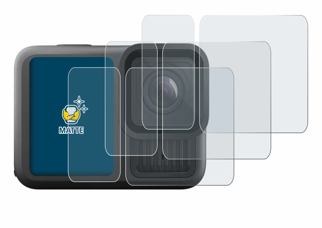 Abbildung des Geräts GoPro Hero 13 Black Ultra Wide Edition mit einer Vielzahl des Displayschutzes.