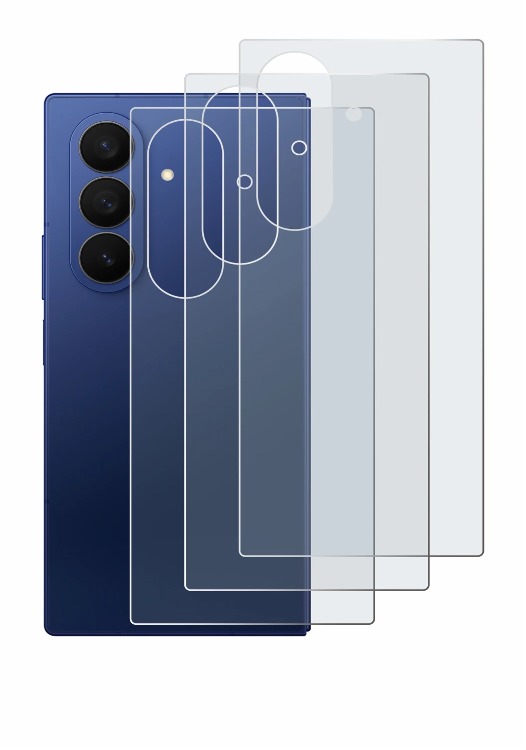 Abbildung des Geräts Samsung Galaxy Z Fold 7 (Rückseite) mit einer Vielzahl des Displayschutzes.