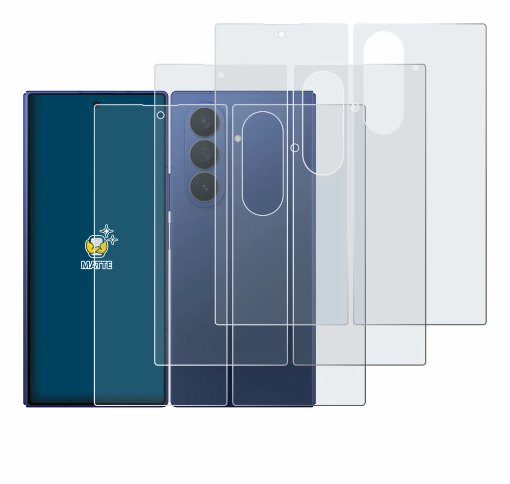 Abbildung des Geräts Samsung Galaxy Z Fold 7 (Display+Rückseite) mit einer Vielzahl des Displayschutzes.