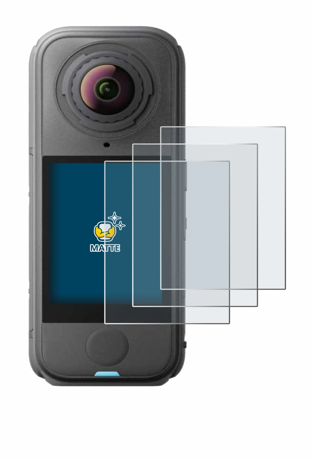 Abbildung des Geräts Insta360 X4 Air mit einer Vielzahl des Displayschutzes.