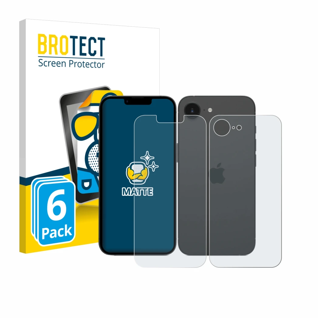 Vorderseite einer Produktverpackung mit dem Markenlogo BROTECT. Daneben ist das Gerät Apple iPhone 17e (Display+Rückseite) mit