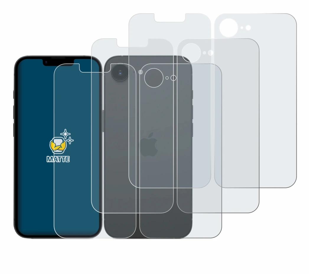 Abbildung des Geräts Apple iPhone 17e (Display+Rückseite) mit einer Vielzahl des Displayschutzes.