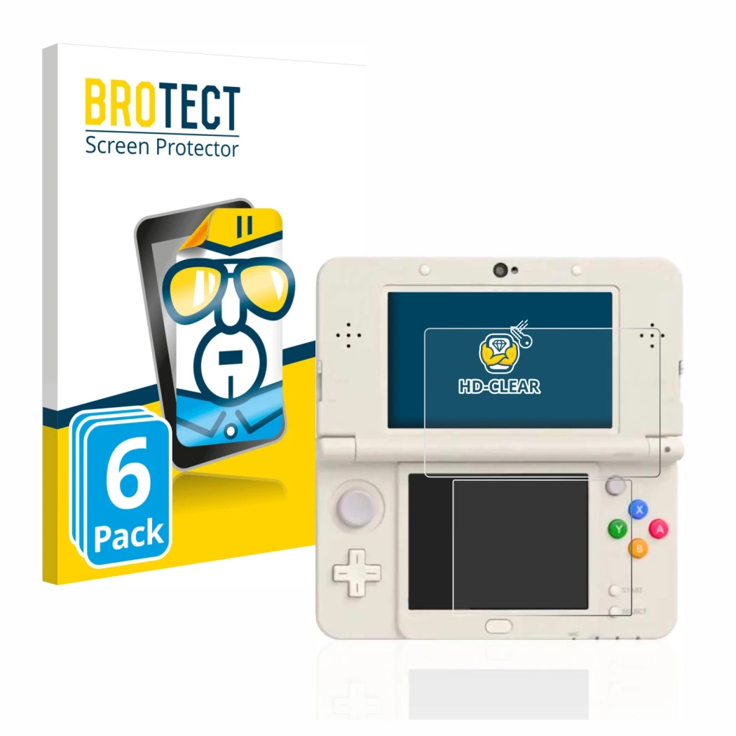 Vorderseite einer Produktverpackung mit dem Markenlogo BROTECT. Daneben ist das Gerät Nintendo New 3DS mit dem zugehörigen Dis
