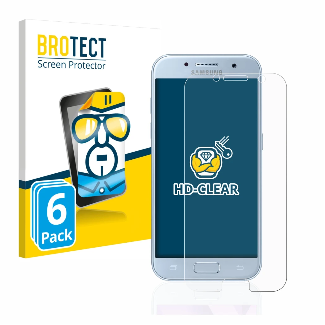 Vorderseite einer Produktverpackung mit dem Markenlogo BROTECT. Daneben ist das Gerät Samsung Galaxy A5 2017 mit dem zugehörig