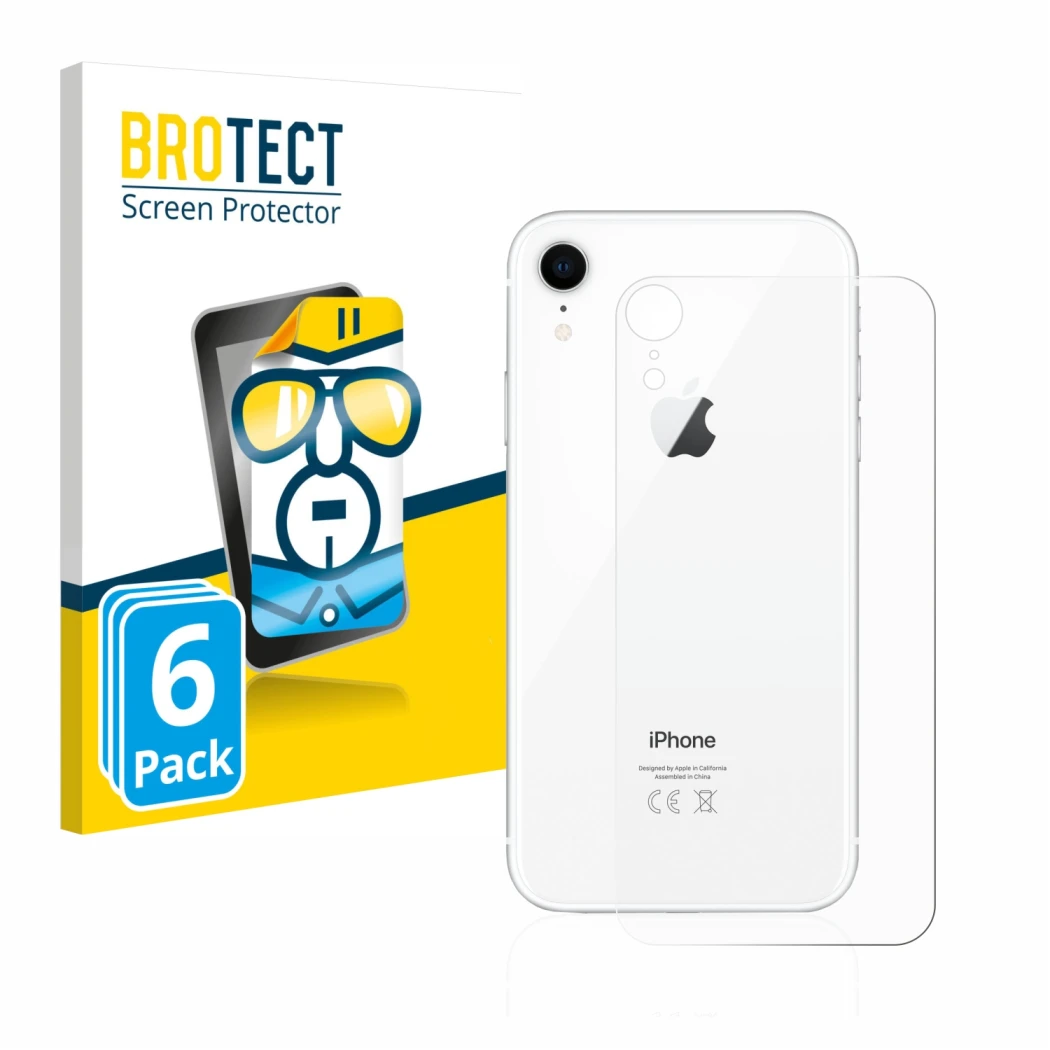 Vorderseite einer Produktverpackung mit dem Markenlogo BROTECT. Daneben ist das Gerät Apple iPhone XR (Rückseite) mit dem zuge